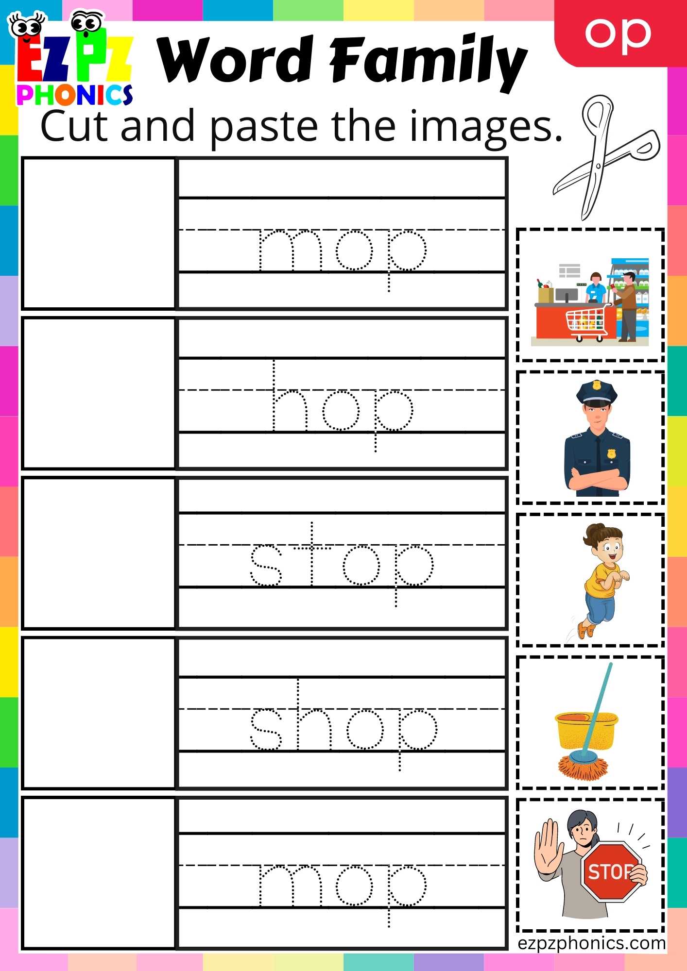 OP Words Cut And Paste The Images Phonics Word Families Worksheet